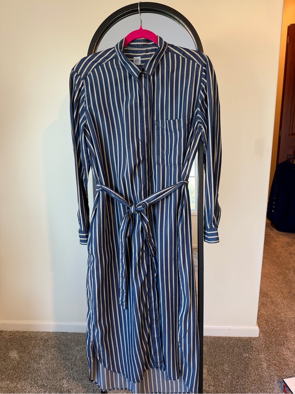 Gap Striped Navy/taupe Shirt Dress with Tie Waist High/Low Midi length